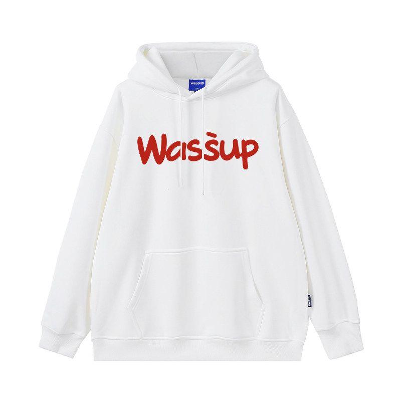 Wassup Letter Print Logo Sweatshirt Men's Hooded Autumn and Winter Fleece-Lined Loose Versatile Couple Pullover Top