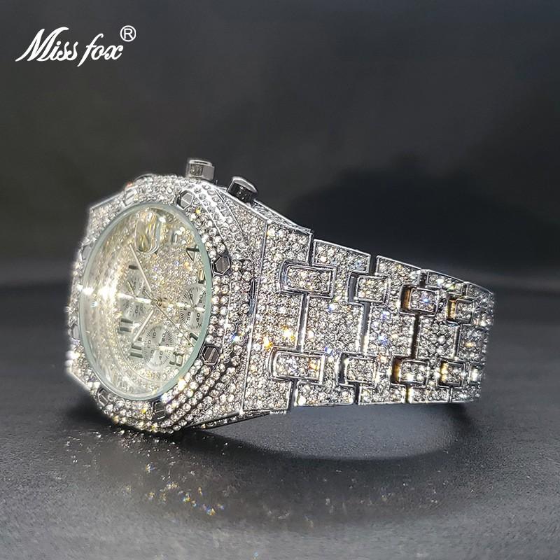 MISSFOX Mens Quartz Watch Hip Hop Bling 3-Eye Chronograph Sport Wristwatch