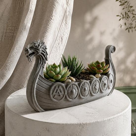 Zahradní Balkonová Rostlinná Dekorace Viking Longship Květináč, Dračí Loď Vnitřní Držák na Kaktusy Dekorativní Vzdušný Květináč Vzdušné Rostliny, Rustikální Severský