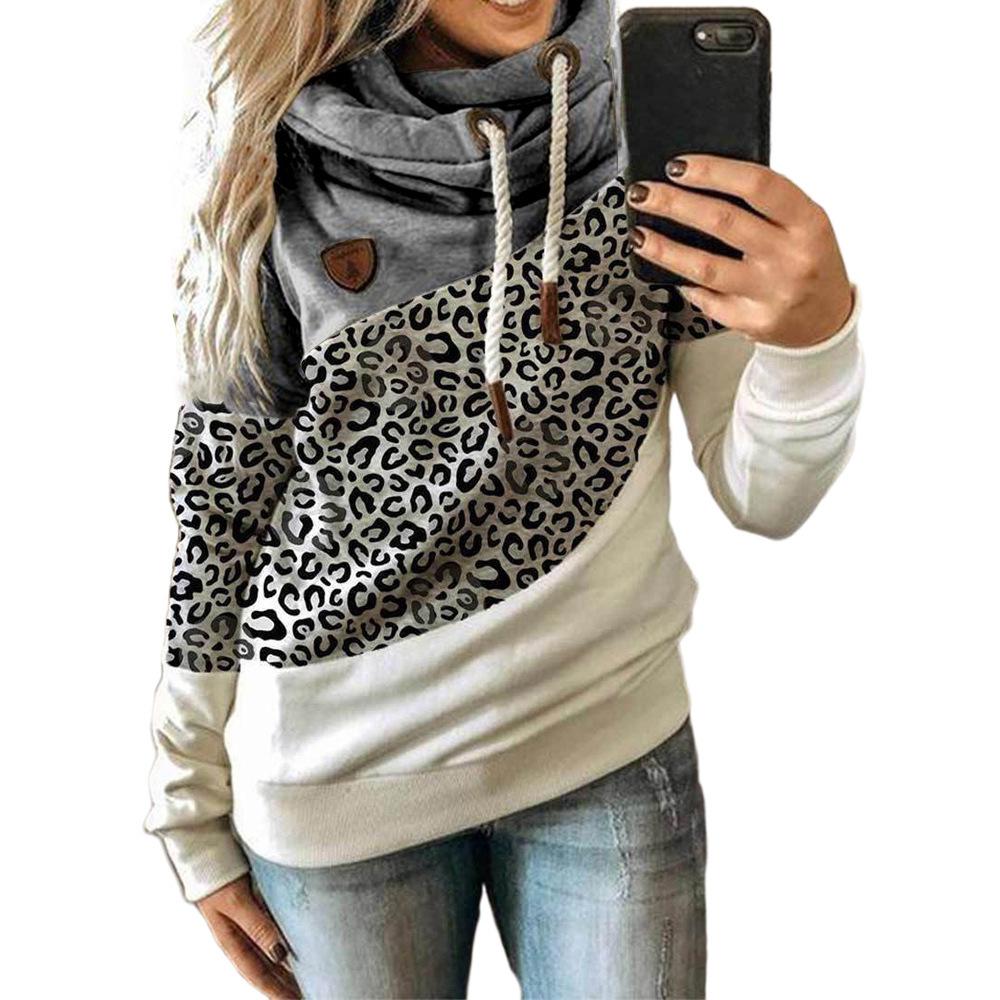 Frauen Leopardenmuster Patchwork Hoodie Kordelzug Rollkragen Kapuzenpullover Sweatshirt