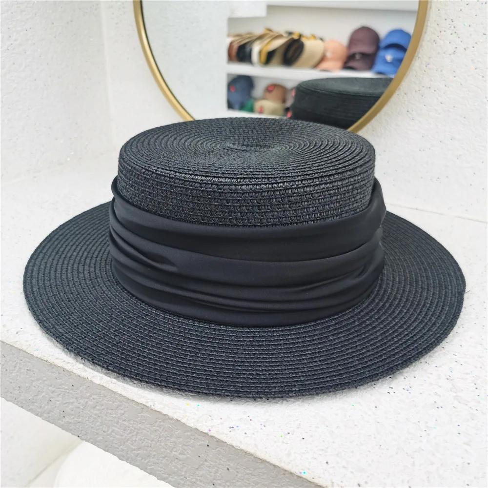

Fedoras Summer Women s Boater Beach Hat Wide Side Female Casual Panama Hat Lady Classic Flat Bowknot Straw Sun Hat Women 54-58cm чорний