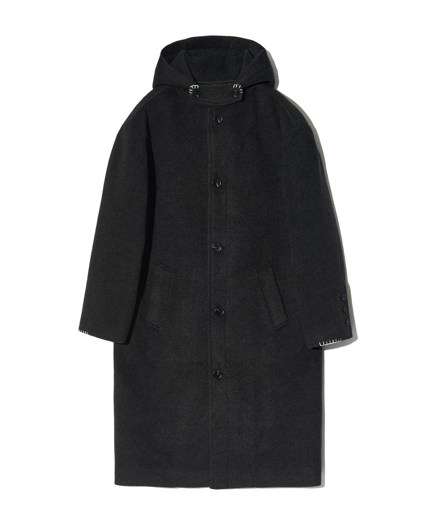Peace Maker Hand Stitch Hoodie Maxi Wool Coat (Charcoal)