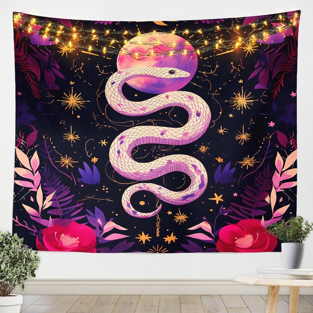 Snake Tapestry Purple Flower Leaves Wall Hanging for Kids Boy Girl Room Decor, Exotic Exotic Boho Moon Wall Blanket Tapestries