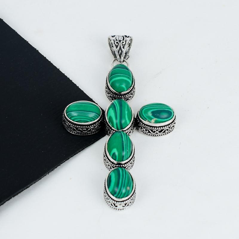 Natural Malachite Gemstone Pendant 925 Sterling Silver- Handmade Cross Design, Everyday Wear Jewelry, Unique Malachite Pendant Mother's Day Gifts