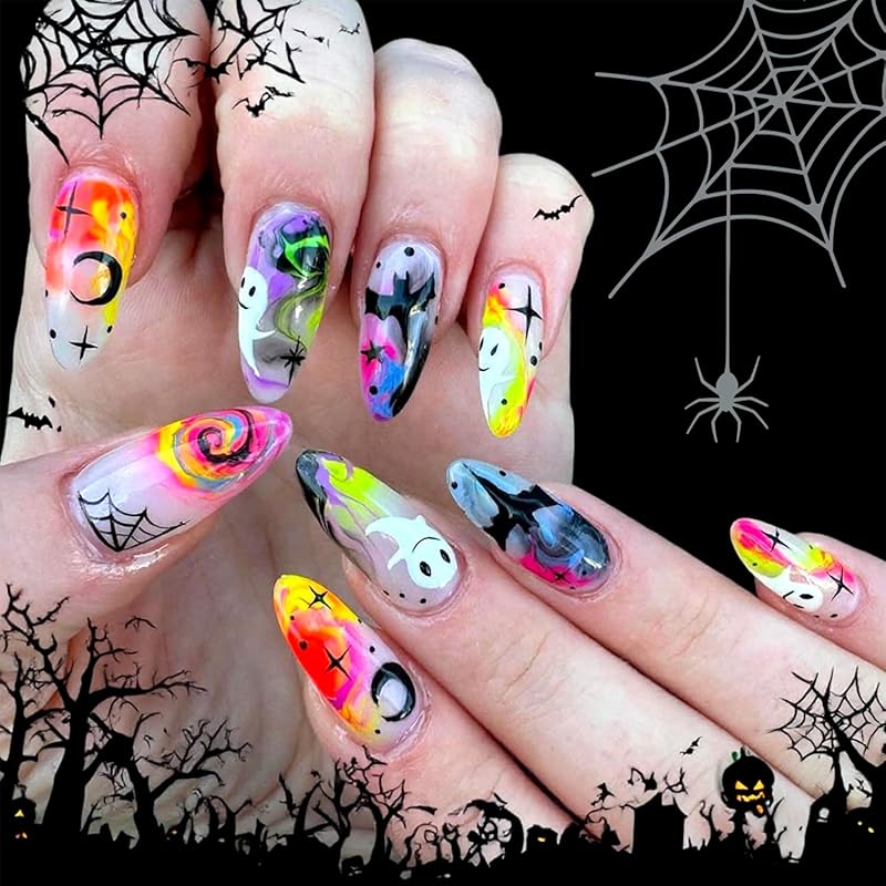 Halloween Press On Nails Medium Almond Fake Nails with Designs Bat Purple French Tip Glossy Glue On Nail 24 Pcs Natural Reusable Acrylic Nail for