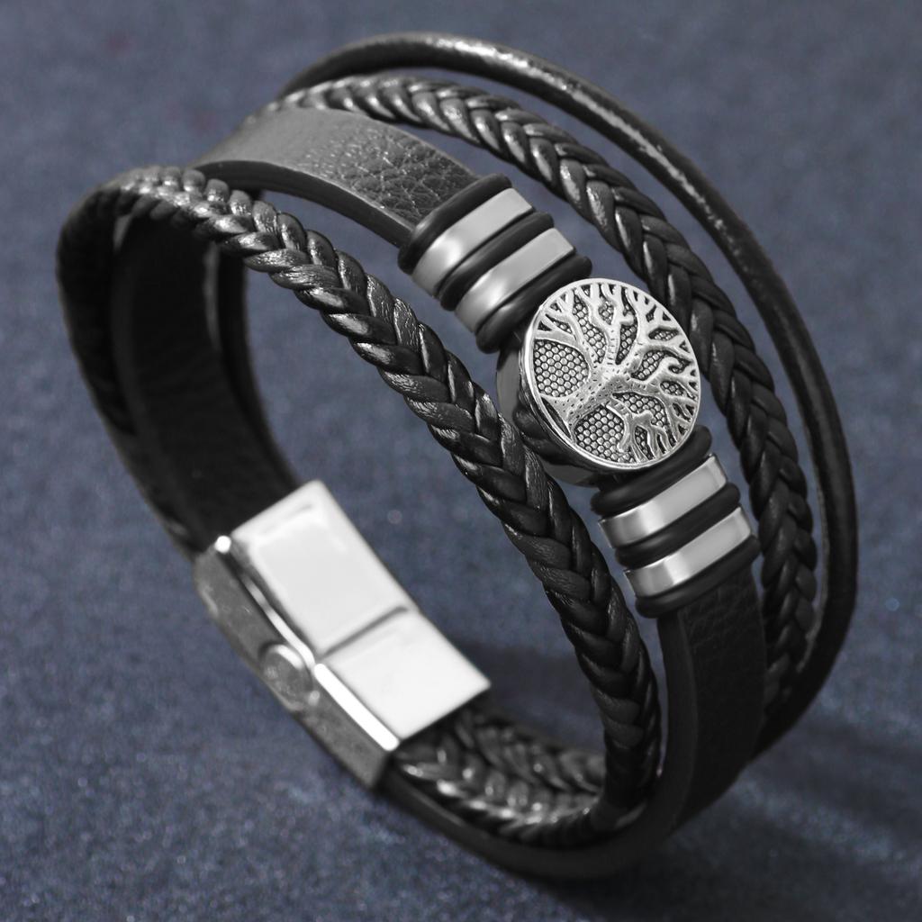 JMXD Leather Bracelet Tree of Life Stainless Steel Oval Ring Woven Braided Strap Fashion Accessory Unisex Gift