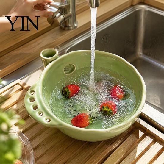 Keramische Voedselbereidingskom Bessen Wassen met Afneembare Sappers Trechter & Afdruiprek, Zelf Afspoelende Fruit Multi-functionele Keuken Gadget Mand