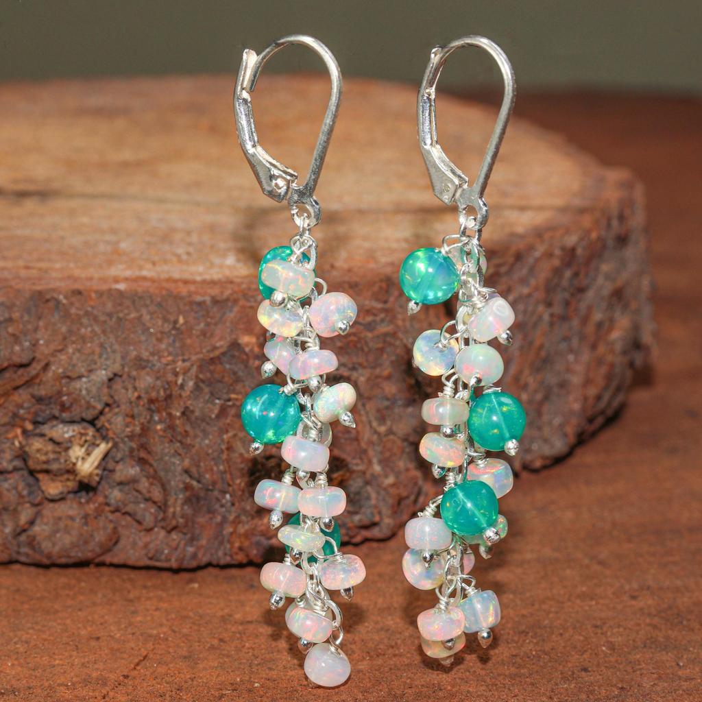 Opal Bead Cluster Earrings: Ethiopian Opal, Sterling Silver or Gold Filled