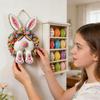 Easter Bunny Wooden Sign Hanging Decoration 2D Spring Rabbit Wood Ornament with Floral Wreath and Bow for Seasonal Home Wall Decor