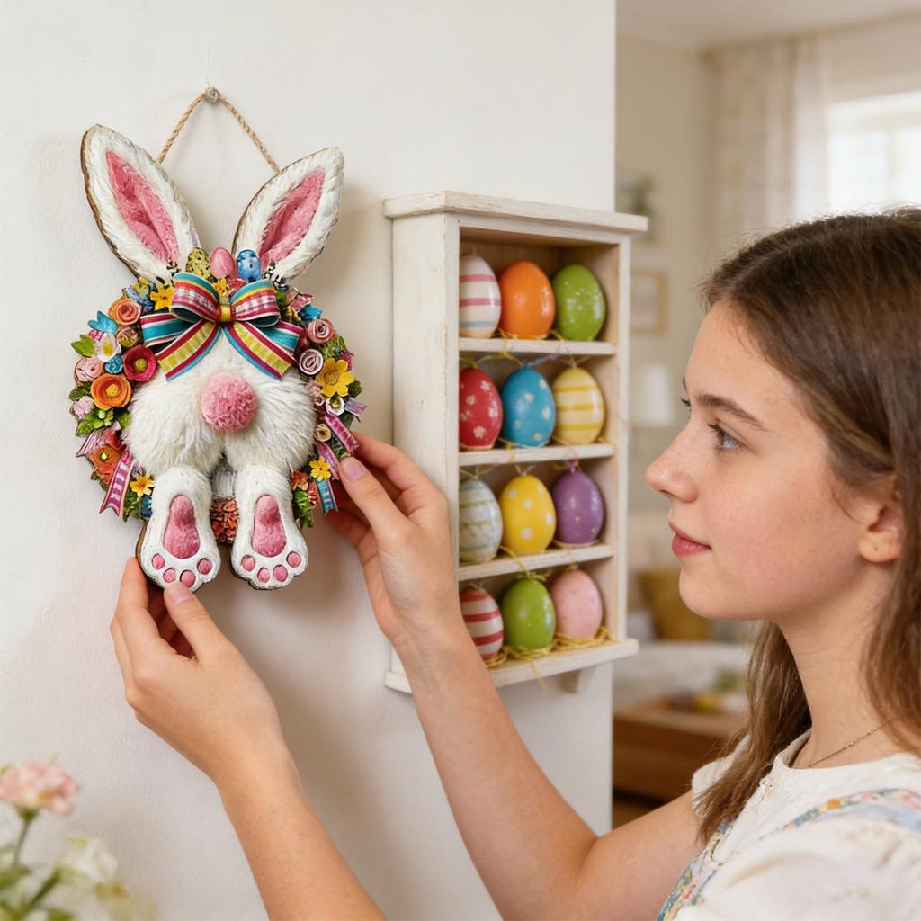Easter Bunny Wooden Sign Hanging Decoration 2D Spring Rabbit Wood Ornament with Floral Wreath and Bow for Seasonal Home Wall Decor