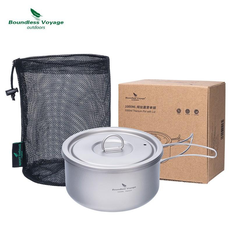 Ultra-Light Pure Titanium Camping Pot 1L Single-Layer Rice Cooker With Foldable Handle 1-2 Person Outdoor Use