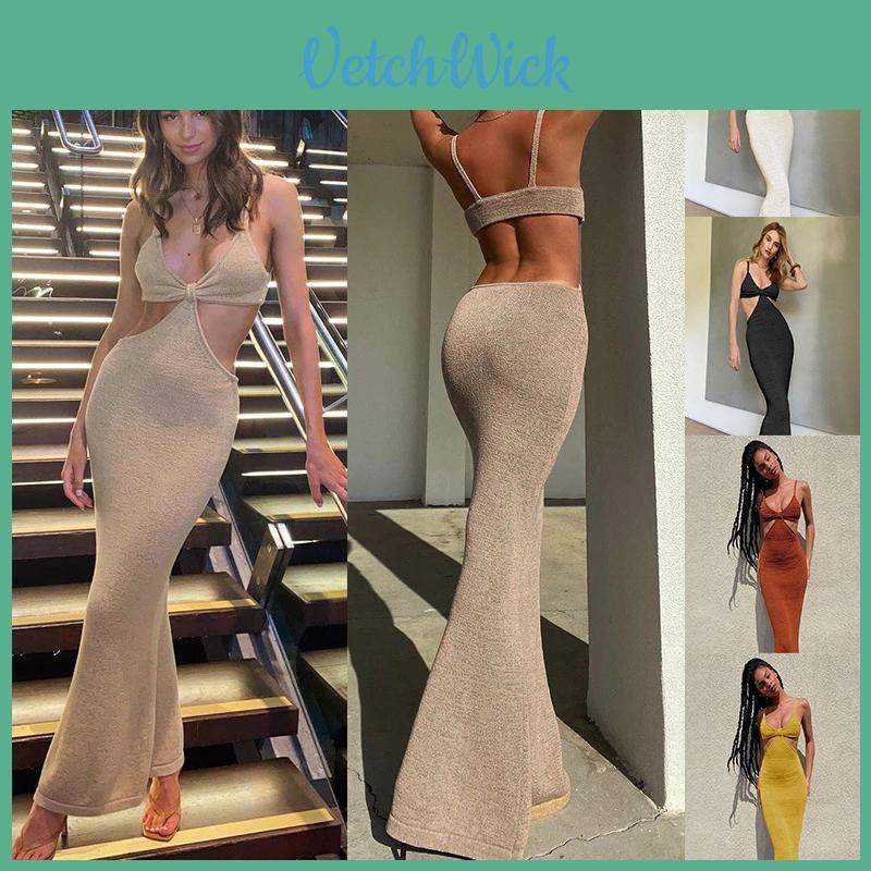 Maxi Dresse Spaghetti Strap Hollow Out Bodycon Dress Backless Cut Out Wrap Dress