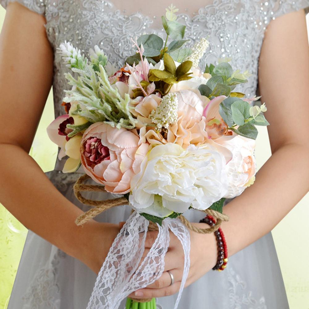 Practical-Artificial Peony Rose Flower Bouquet For Bride Bridesmaid Handmade Wedding Bouquet Silk Bridal Bouquet Holding Flower