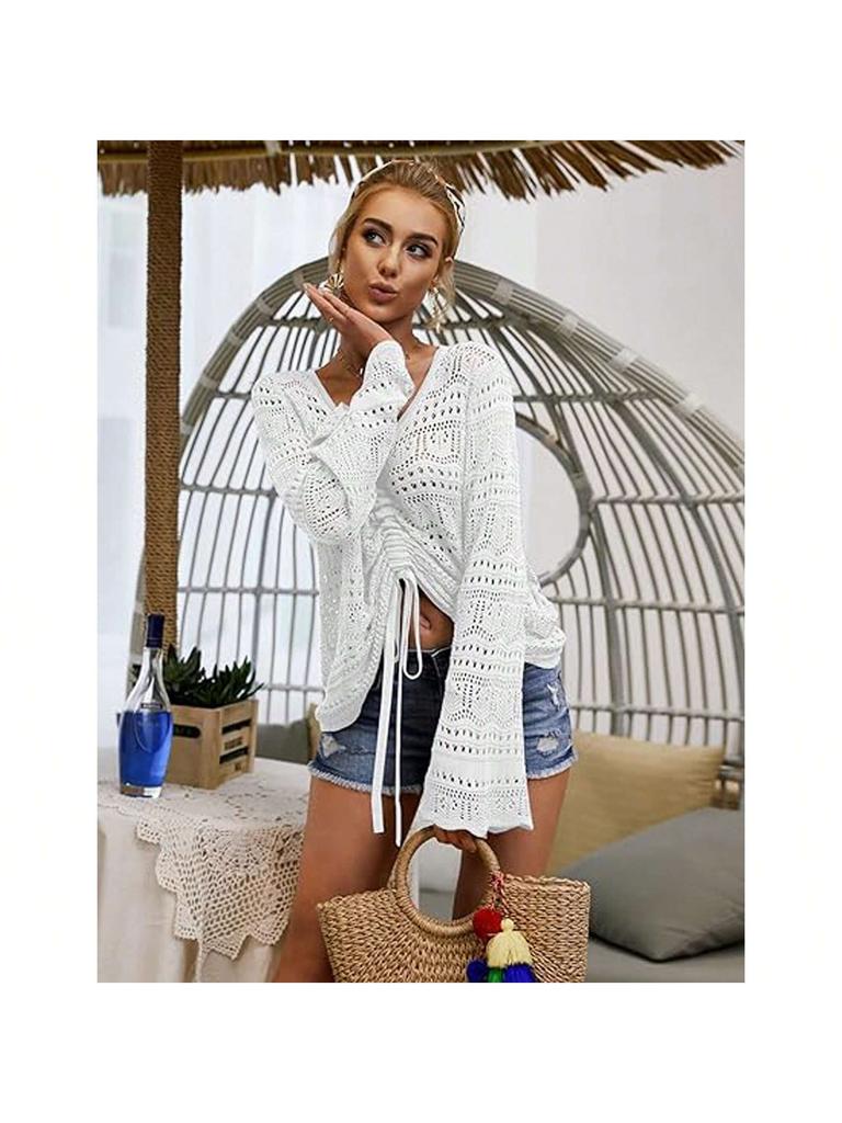 Women's Boho Off Shoulder Crochet Knit Crop Top V Neck Bell Sleeve Ruched Sweater