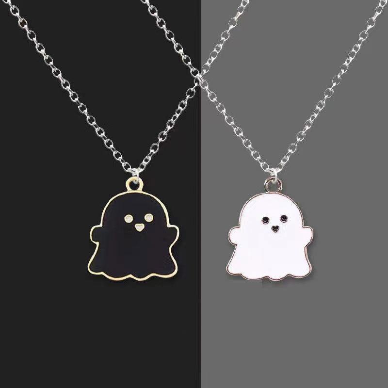 Cartoon Black And White Ghost Ghost Necklace Pendant Male Hip Hop Personality Female Couple Accessories Sweater Chain Halloween Gift
