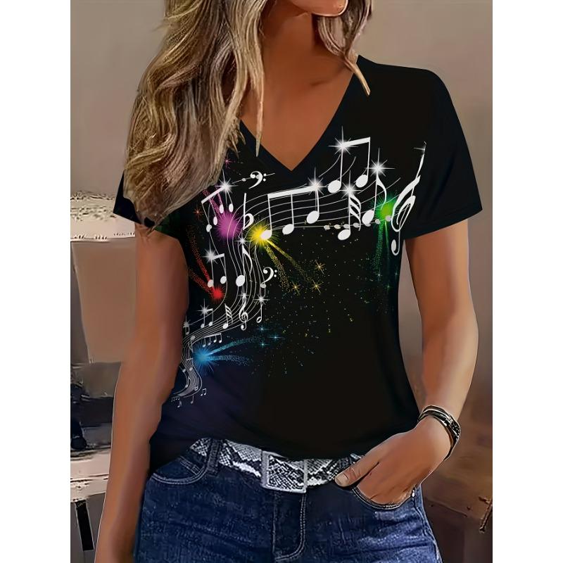 

Fashion vacation abstract painting tie dye color starlight curve note graphics full body printed breathable 3D print V-neck S
