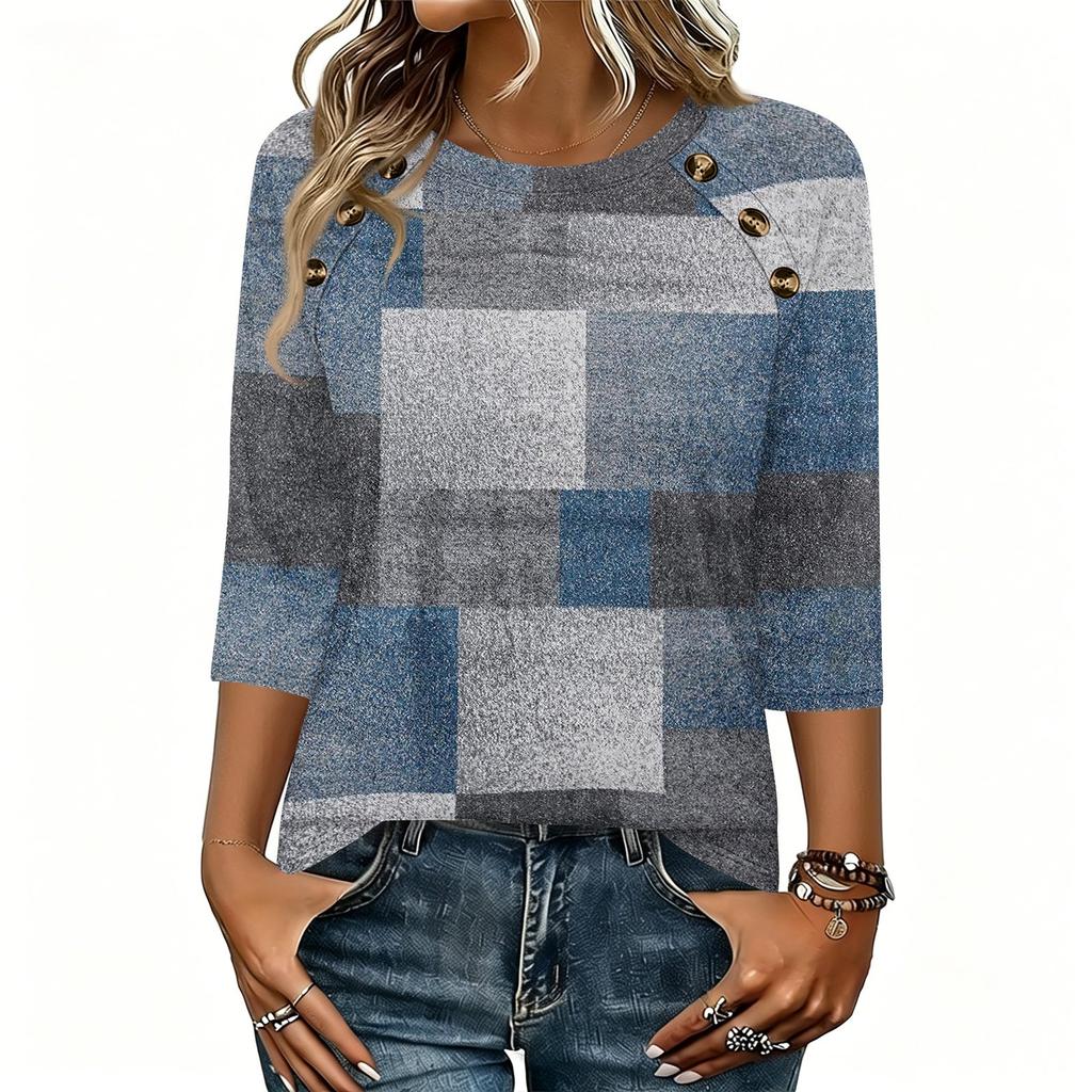 Women 34 Sleeve Crew Neck Button Decor Top Geometric Pattern Casual Loose Fit Blouse for Daily Wear Office Travel