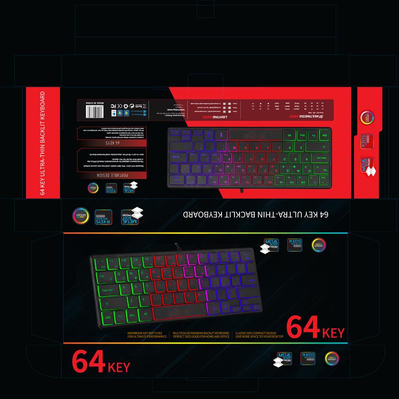 Kabelová klávesnice Mini Pětiřadá tříbarevná světelná herní klávesnice Počítačová klávesnice Notebook Office