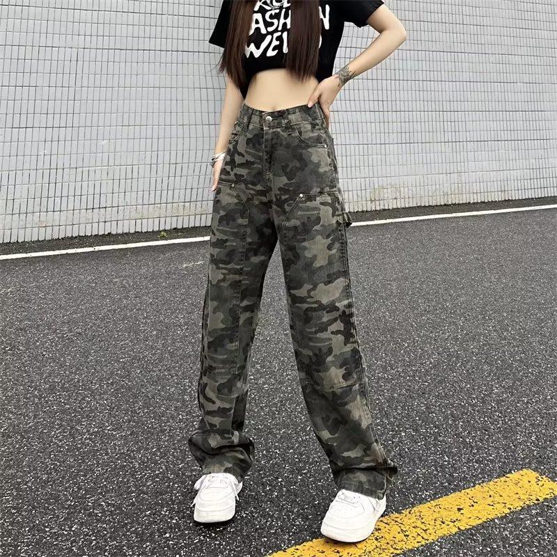 Amerikanische Ins Retro Camouflage Latzhose Herren und Damen Trendige Streetwear Lockere Gerade Jeans
