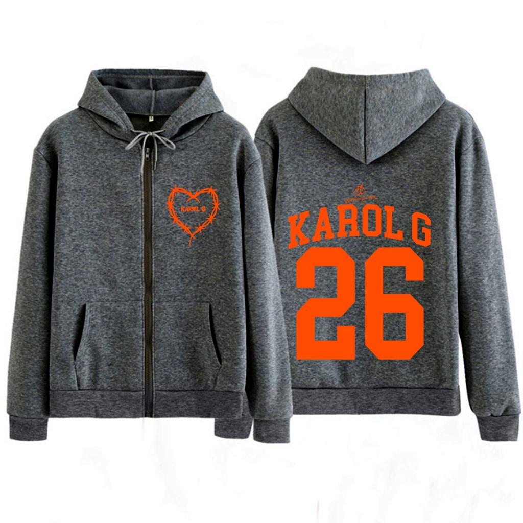 Karol G Tropicoqueta Tour Album Print Zip Up Hoodie Men Women Fashion Winter Long Sleeves Sweatshirts