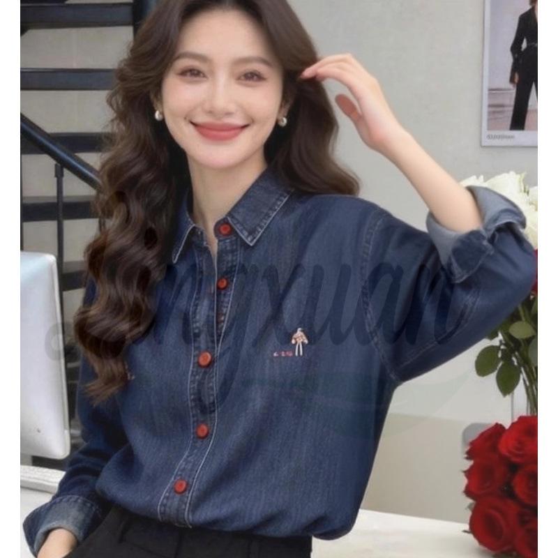 Ouzhou Station Fashion Cartoon Embroidered Deep Blue Layered Denim Shirt Extra Large глубокий/синий
