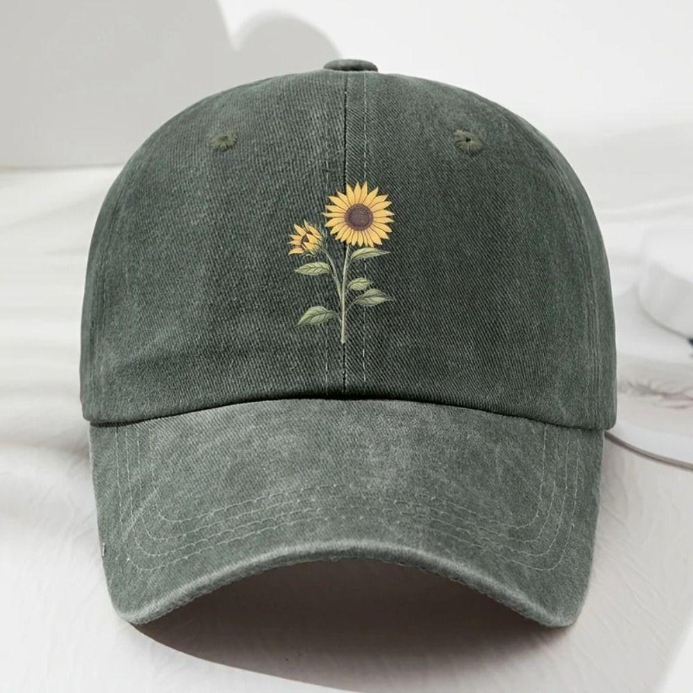 Sunflower Printed Dad Hat Washed Cotton Sun Hat Vintage Travel Hat  For Women Man