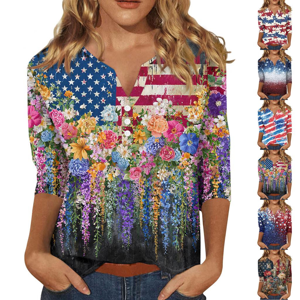 Women Casual V Neck Button Three Quarter Sleeve Top Floral Print Lightweight Loose Fit Blouse for Summer Autumn