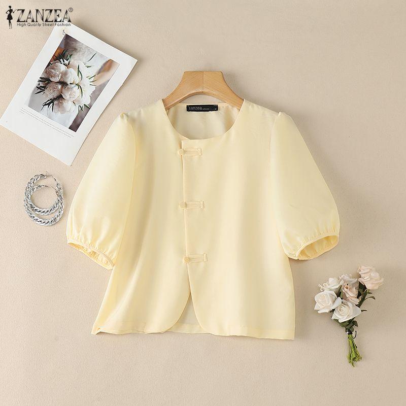 ZANZEA Blusa feminina casual gola redonda cor sólida verão manga curta
