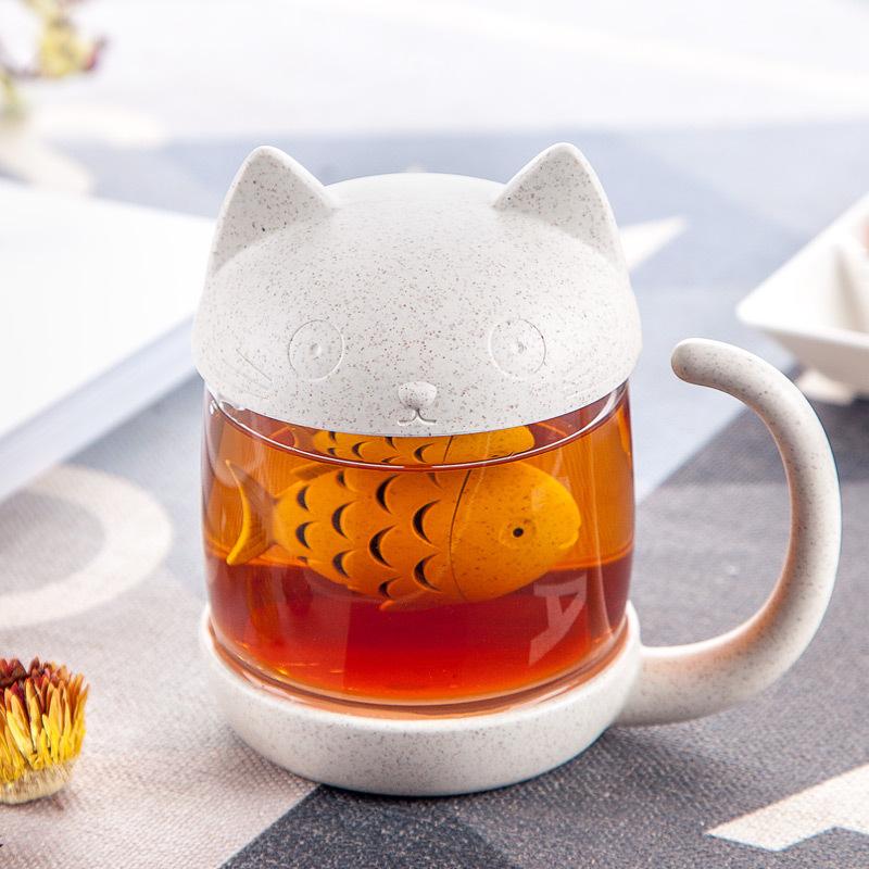 Cute Cat Glass with Lid Office Couple Flower Tea Filter Water Cup Creative Mug Cartoon Simple Design and Creative Concept