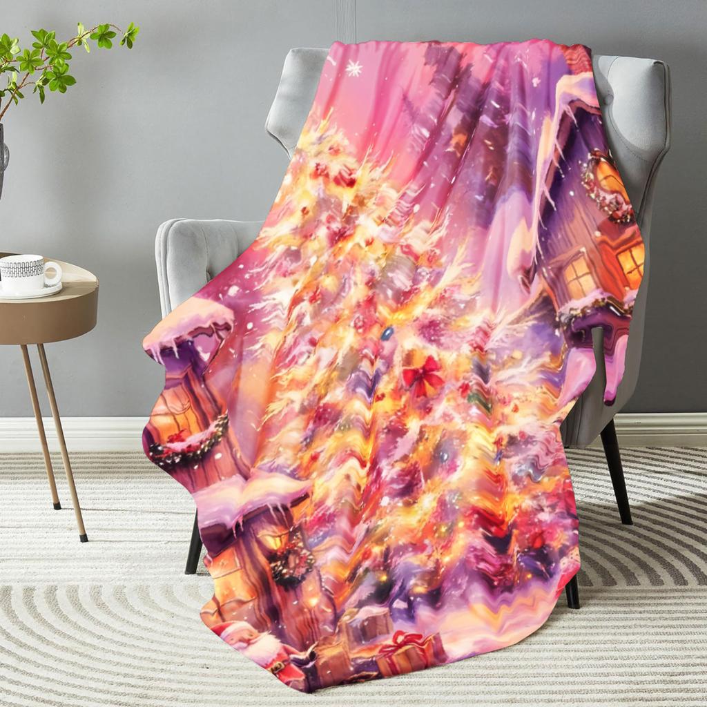 1pc Pink Blanket Marry Christmas Tree 3D Print Smooth Flannel Blanket for Home Living Room Bedroom Decor New Year Christmas Gift
