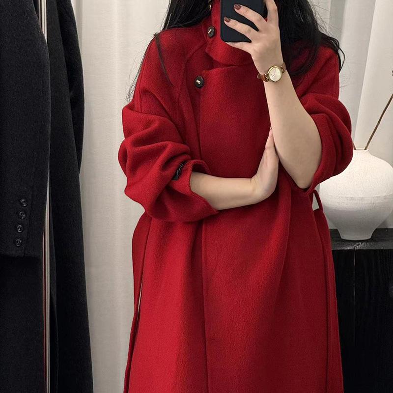 

2025 autumn and winter new Korean version of fashion commuter stand-up collar waist medium and long woolen coat double-sided wool coat women M