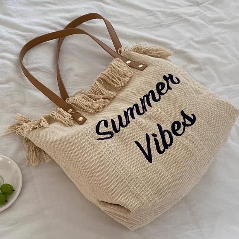 Large Capacity Handbag Woman Bag Design Simple Travel Beach Tote Bag Tassel Letter Embroidery Fashion Shoulder Bags 2025