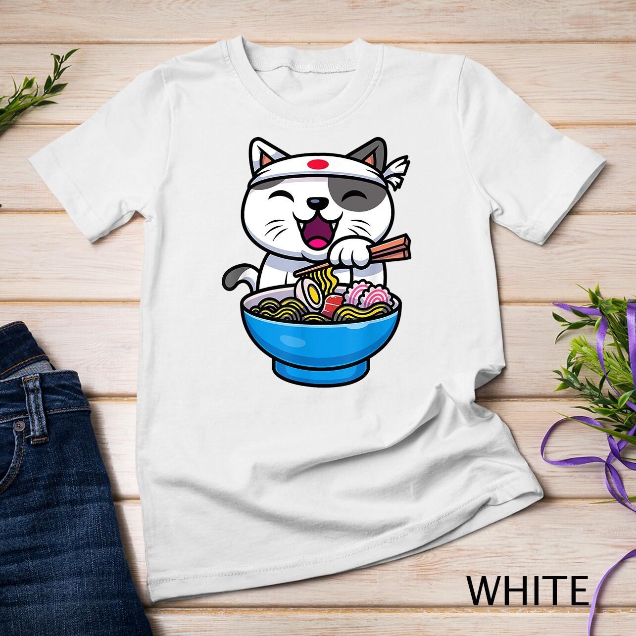 Kawaii Anime Cat Eating Ramen Noodles Japanese Gift T-Shirt Mens Womens Tees Top Unisex T-Shirt Mens Womens Tees Top S