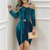 Women Plus Size Asymmetric Cold Shoulder Long Sleeve Dark Teal Binary Code Tech Print Irregular Wrap Bodycon Midi Dress