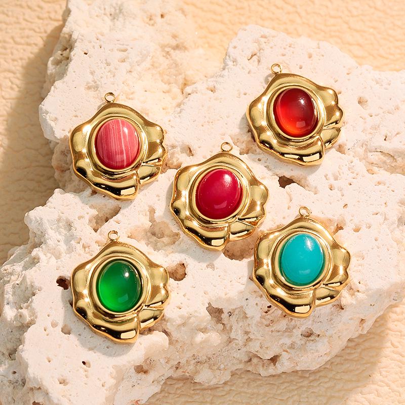 Colorful Natural Stone Irregular Flower and Oval Stainless Steel Pendant Necklace and Earrings Set