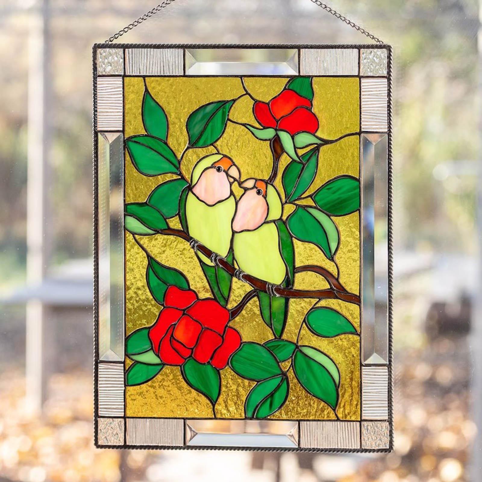 Bird Species Stained Pendant, Stained Bird Pendant Glass Window Hangings Acrylic Wall Hanging Colored Birds Decor Room Accessories One Size