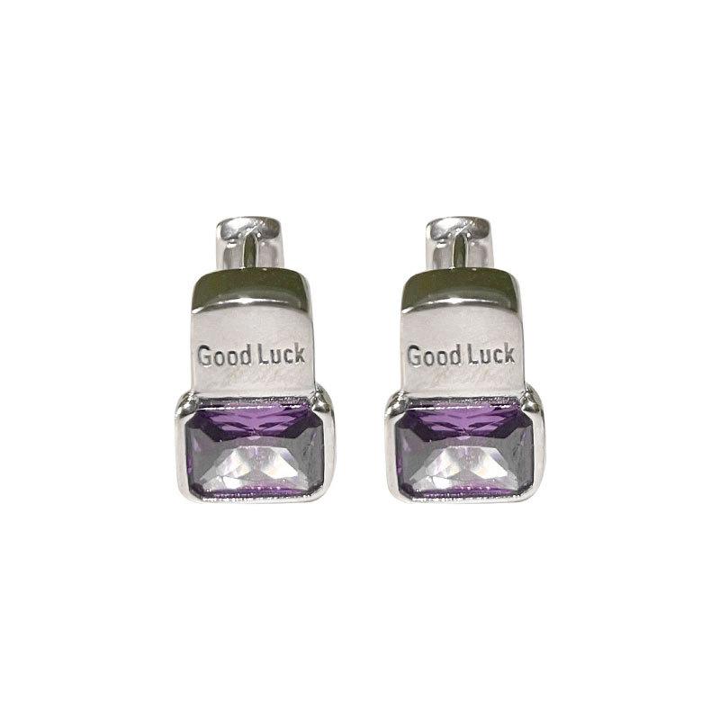 Square Diamond Goodluck Ear Buckle Purple Diamond Lucky Ear Ring Heavy Industry Design Sense High-end