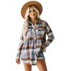 Women's Blue Orange White Checkered Shirt with Pockets, Casual Long Sleeve Plaid Top