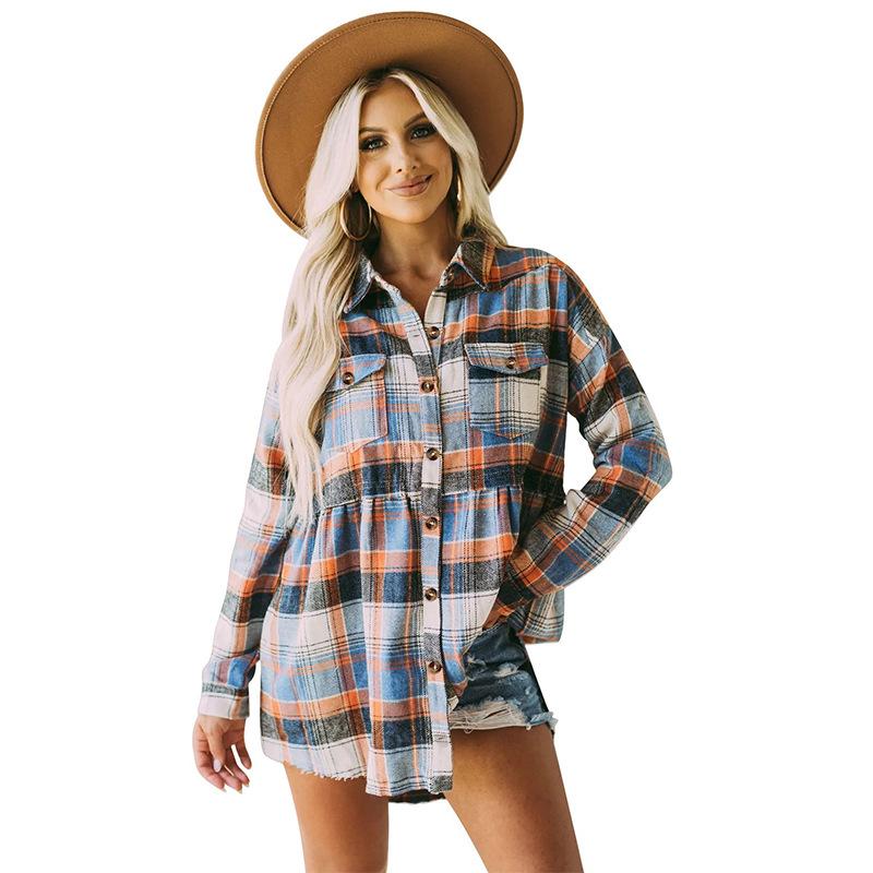 Women's Blue Orange White Checkered Shirt with Pockets, Casual Long Sleeve Plaid Top