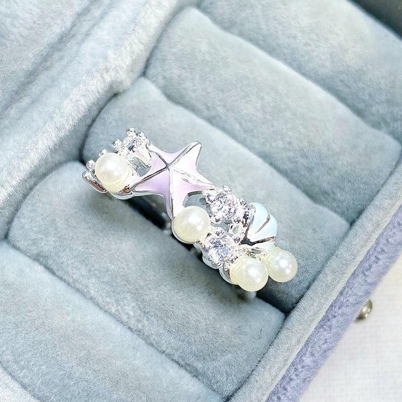 Anello Apribile Stella Marina Fiore Stile Dolce Ragazza Smalto Zircone Moda Donna Anello di Nicchia Raffinato Stile Straniero