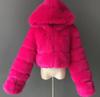 Furry Cropped Faux Fur Coats Bundy Dámske Fluffy Top Coat Krátke zimné kožušinové kabátiky s kapucňou
