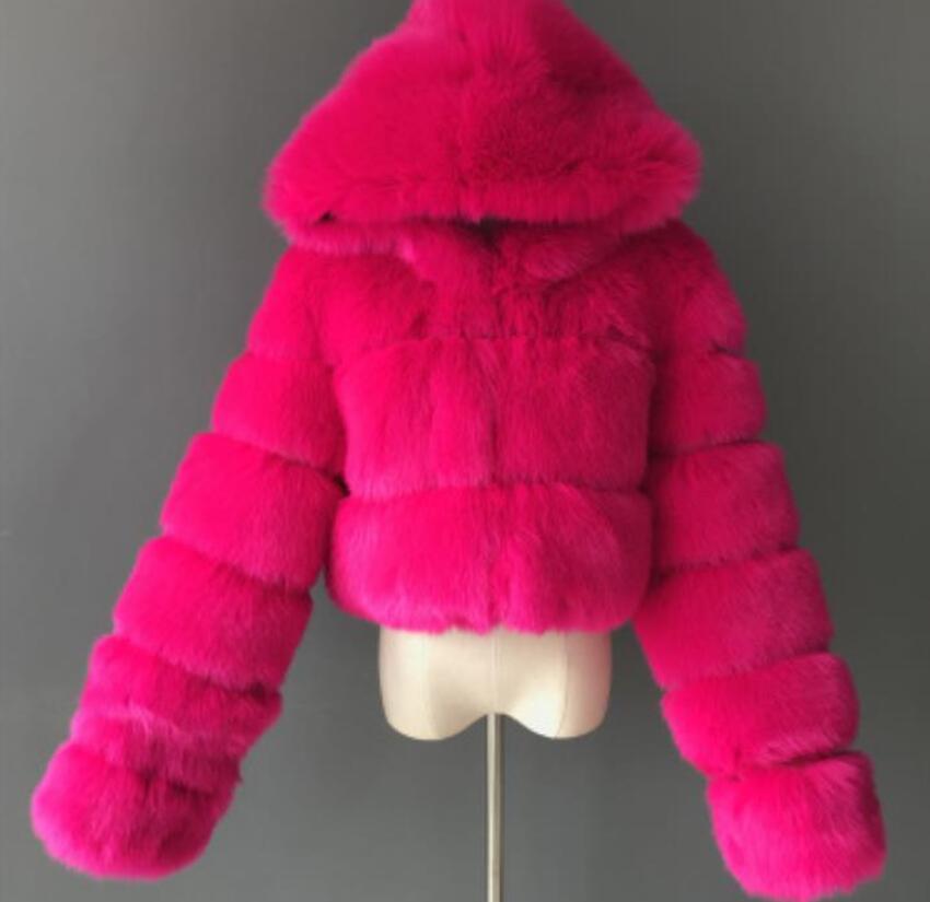 Furry Cropped Faux Fur Coats Bundy Dámske Fluffy Top Coat Krátke zimné kožušinové kabátiky s kapucňou