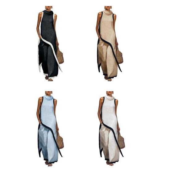 Women Color Block Cotton Linen Two-Piece Outfit Asymmetrical Hem Mock Neck Sleeveless Top Wide-Leg Pants Vacation Lounge Sets