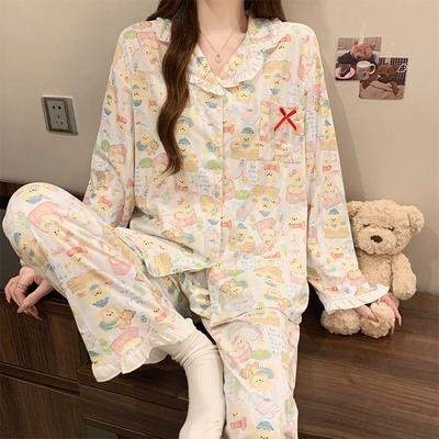 Small Fresh Women's Pajamas Spring and Autumn Sweet Lace Imitation Cotton Long-sleeved Cartoon Bow Loungewear Set