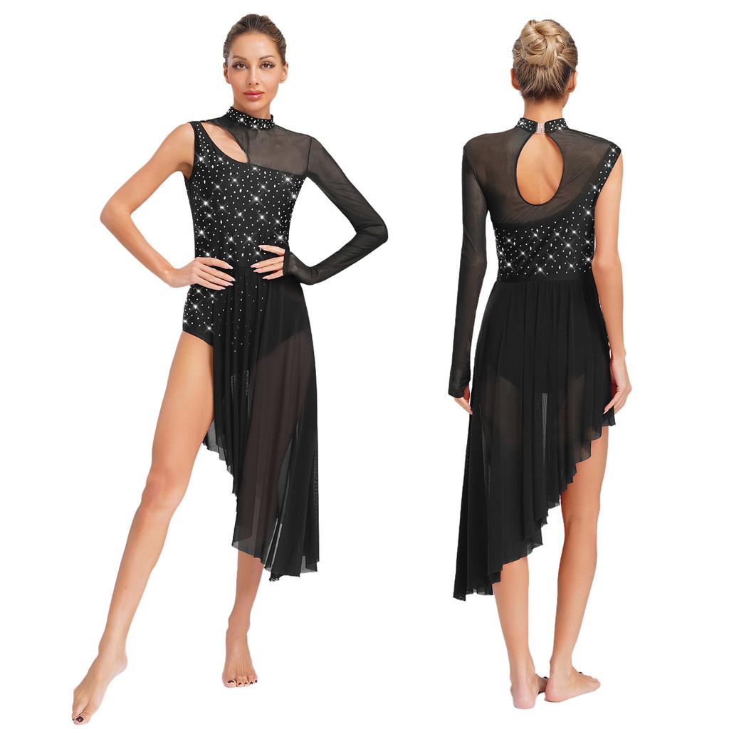 S-XXL Women Lyrical Dancewear: Asymmetrical Side Split Dress with Mock Neck, Cutout, Sheer Mesh, Patchwork & Shiny Rhinestones
