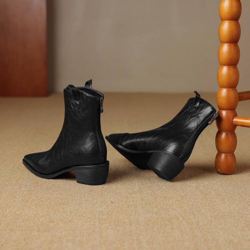 

Корейская версия новых женских ботинок Мартин на среднем каблуке, большого размера, женские ботинки с квадратным носком и задней молнией, кожаные ботинки, осень и зима, однотонные c 39 чёрный