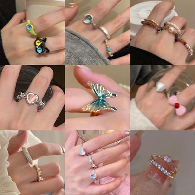 Cute Cartoon Pearl Geometric Ring Niche Design Ins Style Index Finger Ring Cute Trend Creative Style Jewelry Women