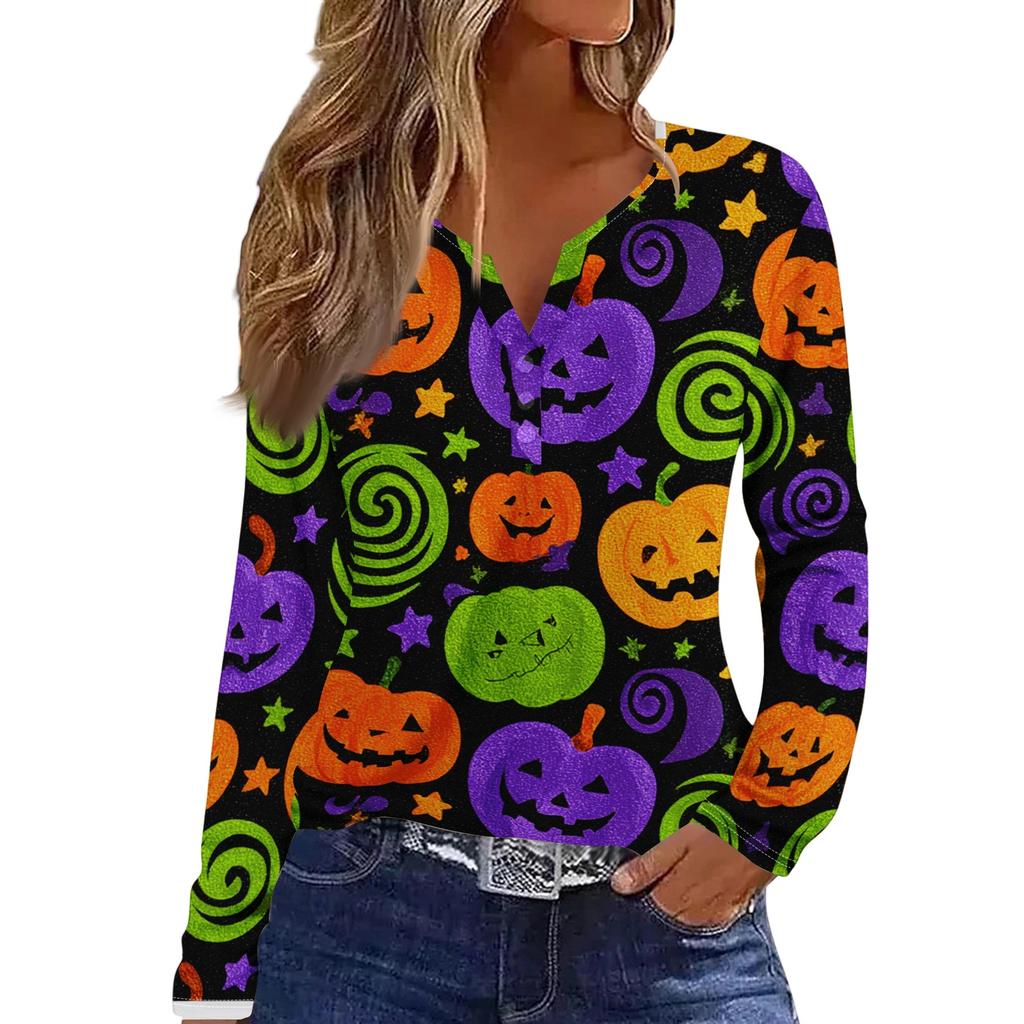 Women's Casual Long Sleeve V-Neck T-Shirt with Halloween Print and Decorative Buttons