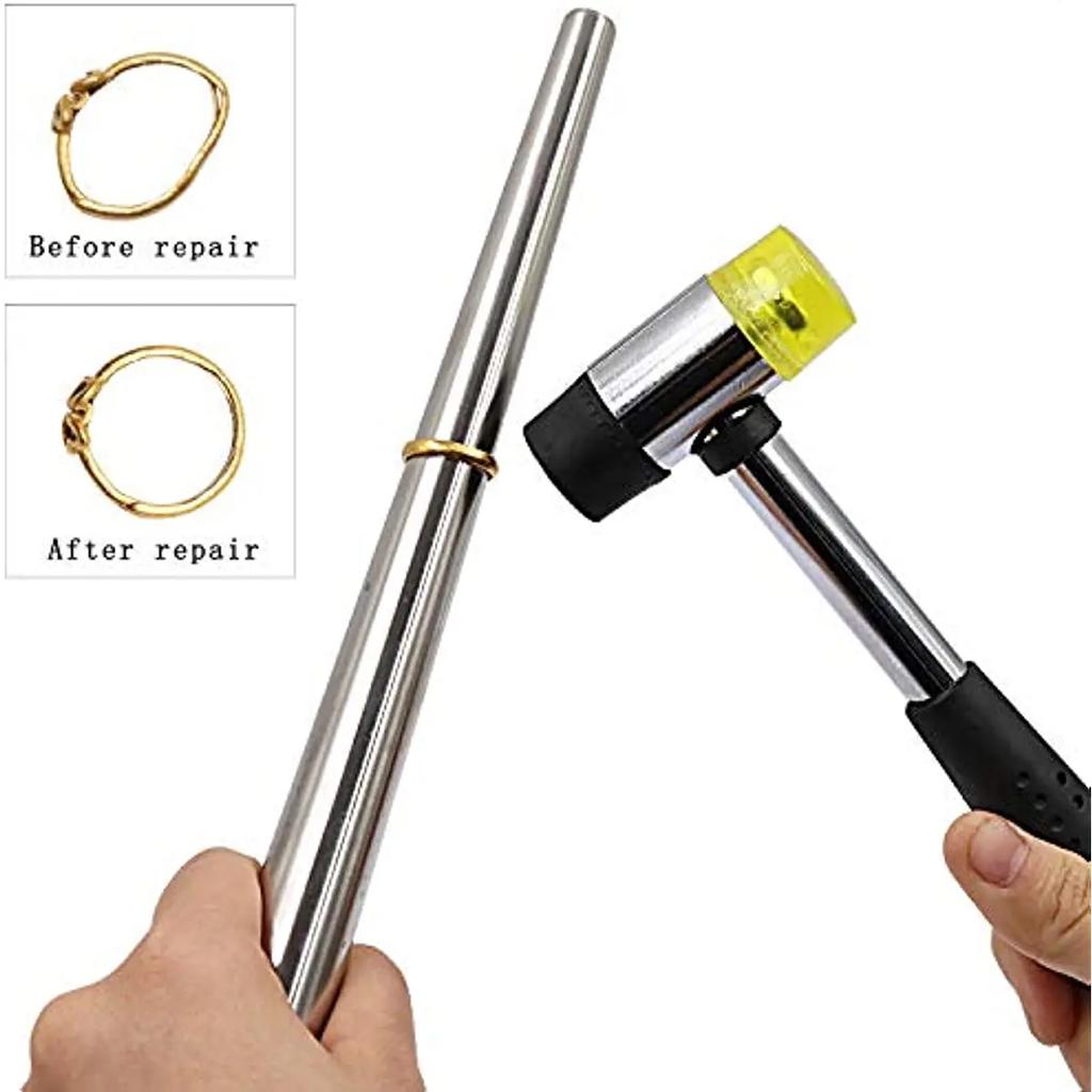 Jewelers Making Tool Double Face Rubber Hammer and Stainless Steel Ring Mandrel Sizer Enlarger Stick for Ring Enlargement Repair