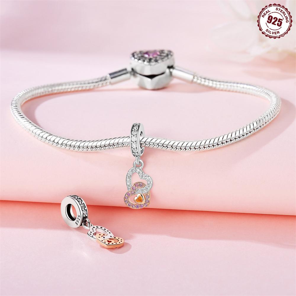 Copper Charms Original Rose-Colored Connected Heart Pendant Beads Fit Bracelet Jewelry Diy Women Gift Accessory